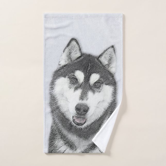 Siberian Husky (Black and White) Painting Dog Art Bath Towel Set (Hand Towel)