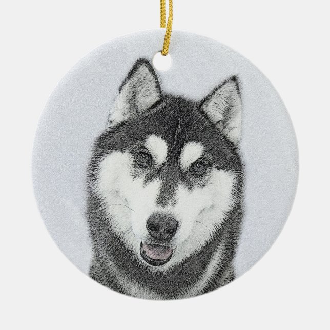 Siberian Husky (Black and White) Painting Dog Art Ceramic Tree Decoration (Front)