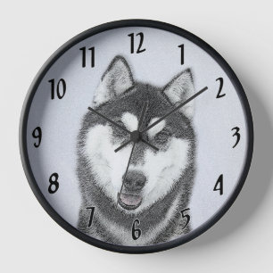 Siberian Husky (Black and White) Painting Dog Art Clock