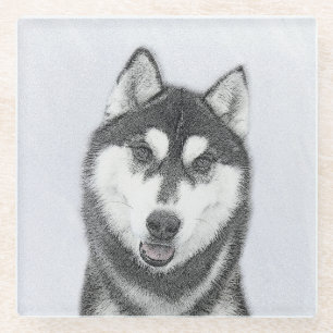 Siberian Husky (Black and White) Painting Dog Art Glass Coaster