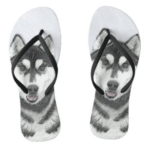 Siberian Husky (Black and White) Painting Dog Art Jandals
