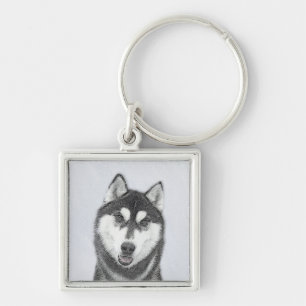Siberian Husky (Black and White) Painting Dog Art Key Ring