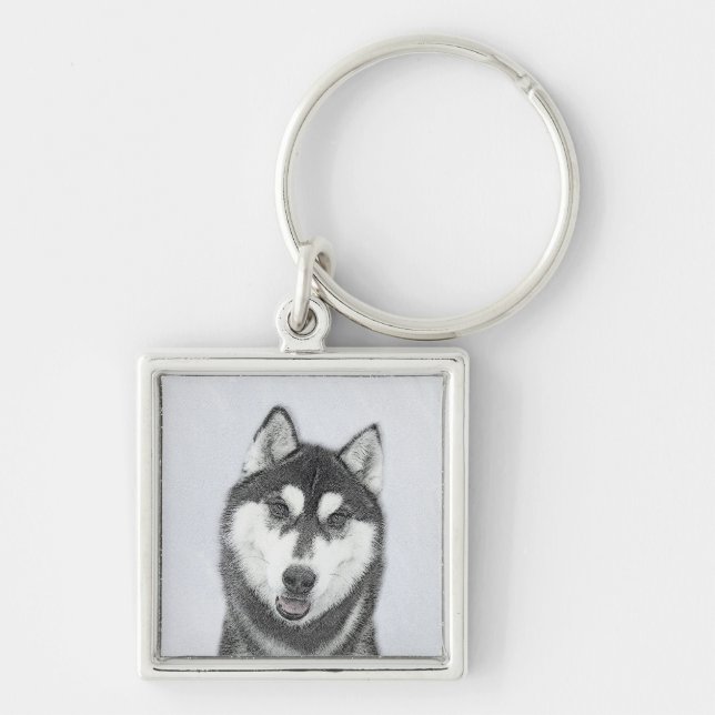 Siberian Husky (Black and White) Painting Dog Art Key Ring (Front)