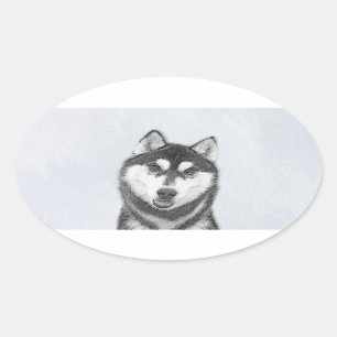 Siberian Husky (Black and White) Painting Dog Art Oval Sticker