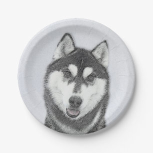 Siberian Husky (Black and White) Painting Dog Art Paper Plate