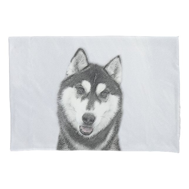Siberian Husky (Black and White) Painting Dog Art Pillowcase (Front)