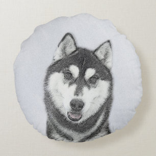 Siberian Husky (Black and White) Painting Dog Art Round Cushion