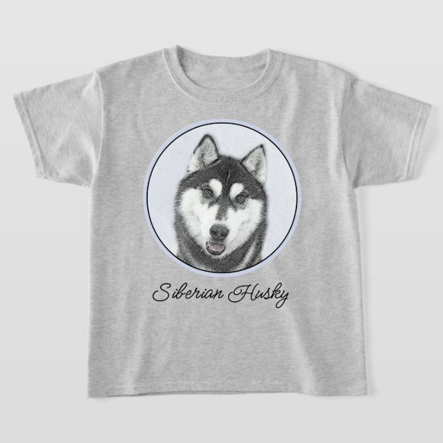 Siberian Husky (Black and White) Painting Dog Art T-Shirt (Laydown)