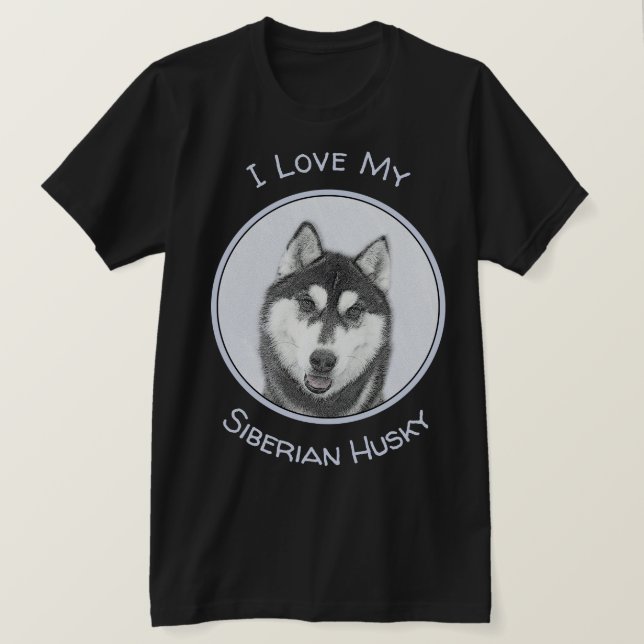 Siberian Husky (Black and White) Painting Dog Art T-Shirt (Design Front)