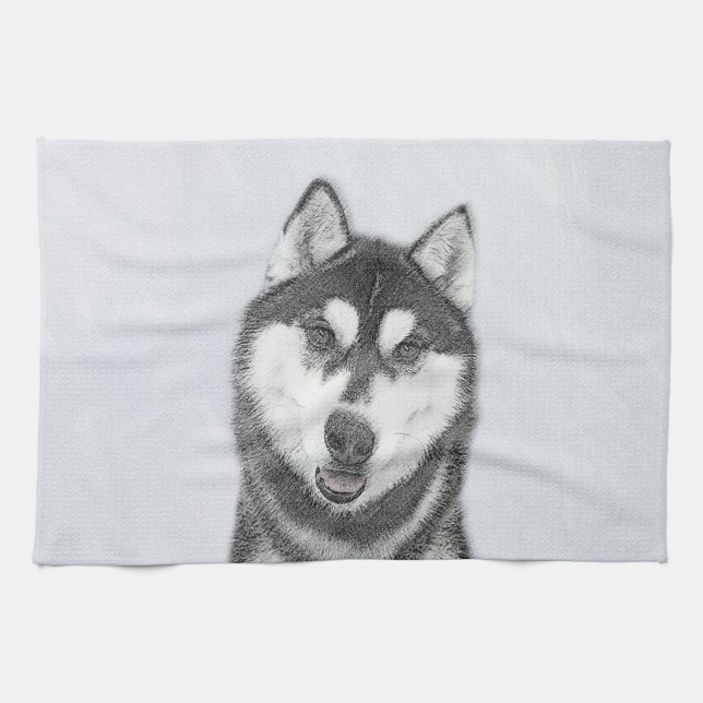 Siberian Husky (Black and White) Painting Dog Art Tea Towel (Horizontal)