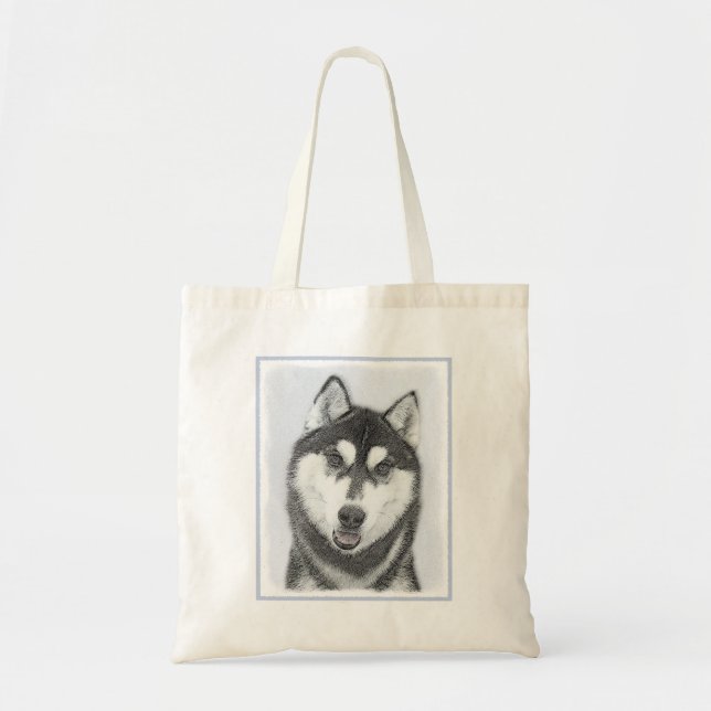 Siberian Husky (Black and White) Painting Dog Art Tote Bag (Front)