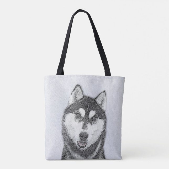 Siberian Husky (Black and White) Painting Dog Art Tote Bag (Back)