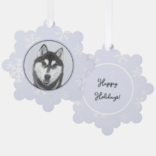 Siberian Husky (Black and White) Painting Dog Art Tree Decoration Card