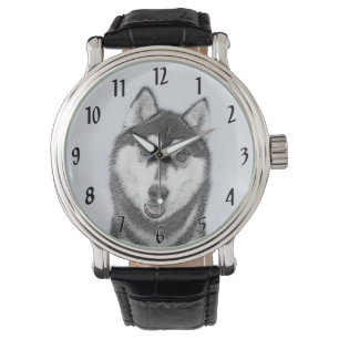 Siberian Husky (Black and White) Painting Dog Art Watch