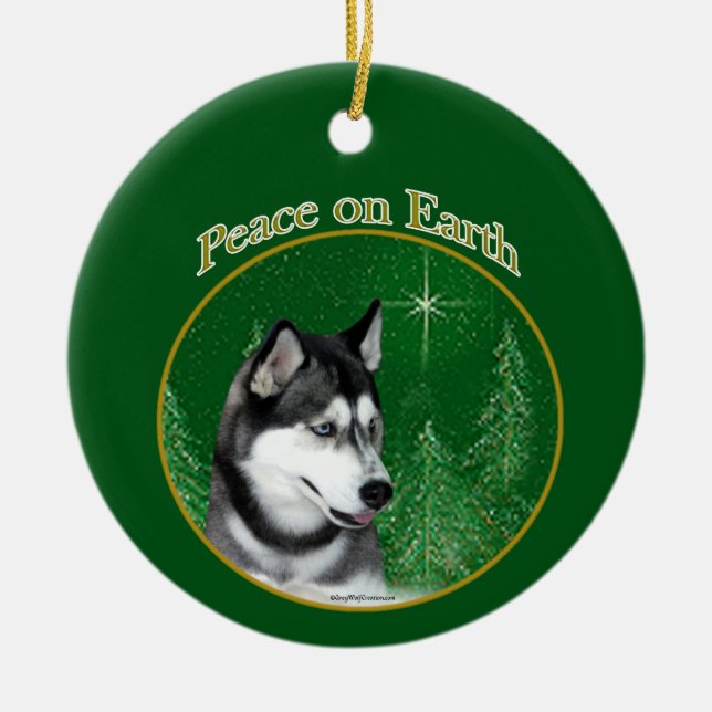 Siberian Husky (blk) Peace Ceramic Tree Decoration (Front)