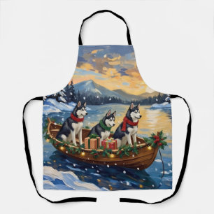 Siberian Husky Christmas Boat Holiday Apron