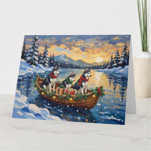 Siberian Husky Christmas Boat Holiday Card