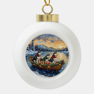 Siberian Husky Christmas Boat Holiday Ceramic Ball Christmas Ornament