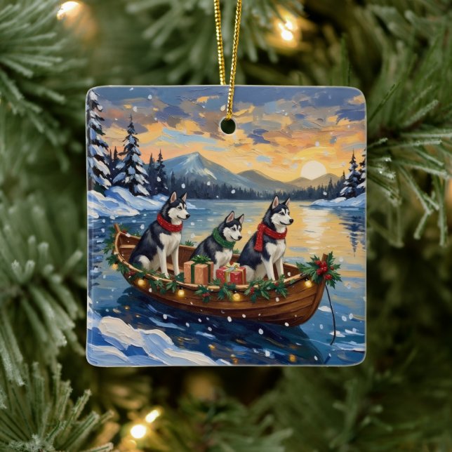 Siberian Husky Christmas Boat Holiday Ceramic Ornament (Tree)