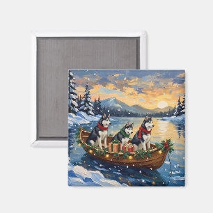 Siberian Husky Christmas Boat Holiday Magnet