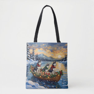 Siberian Husky Christmas Boat Holiday Tote Bag