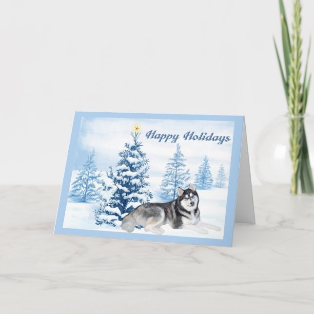 Siberian Husky Christmas Card Blue Tree (Front)