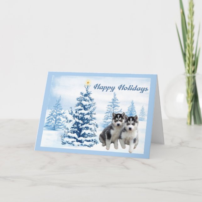 Siberian Husky Christmas Card Blue Tree (Front)