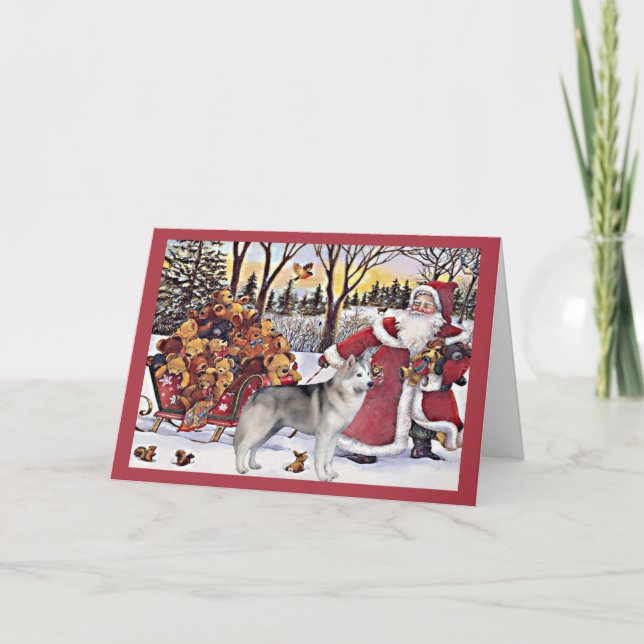 Siberian Husky Christmas Card Santa Bears (Front)