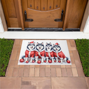 Siberian Husky Christmas Dress Santa Hat Doormat
