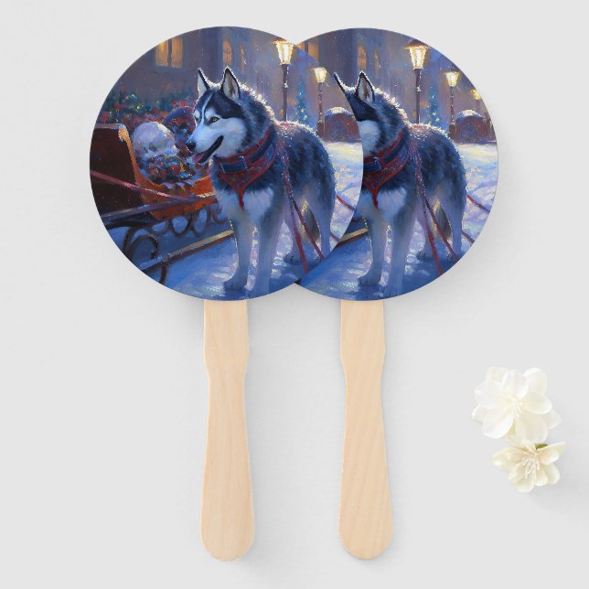 Siberian Husky Christmas Festive Season Hand Fan (Front and Back)