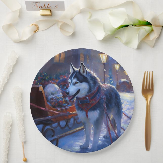 Siberian Husky Christmas Festive Season Paper Plate (Wedding)
