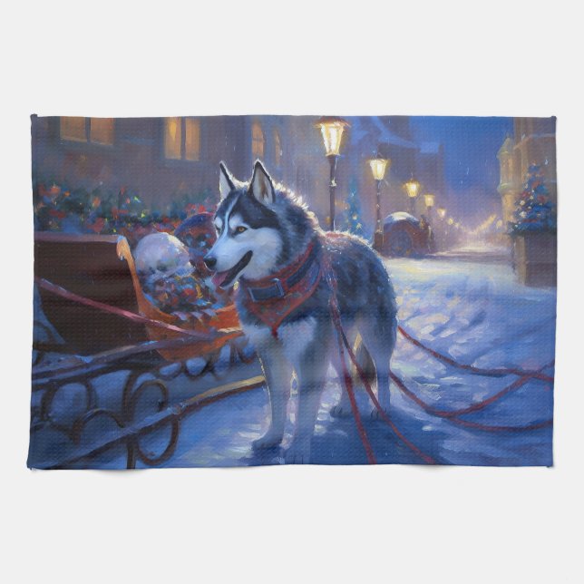 Siberian Husky Christmas Festive Season Tea Towel (Horizontal)