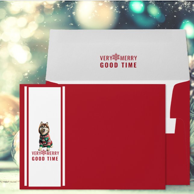 Siberian Husky Christmas Holiday Red Envelope (The front and inside flap of the Siberian Husky Christmas Holiday red and white envelopes)