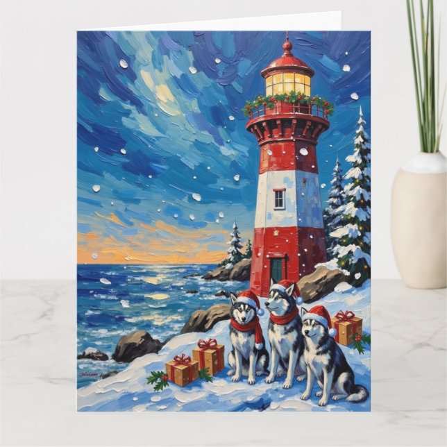 Siberian Husky Christmas Lighthouse Holiday Card (Front)