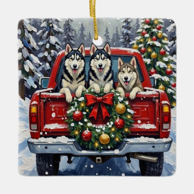 Siberian Husky Christmas Red Truck Holiday Ceramic Ornament (Front)