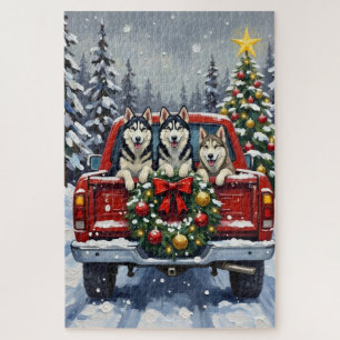 Siberian Husky Christmas Red Truck Holiday Jigsaw Puzzle