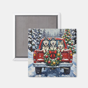 Siberian Husky Christmas Red Truck Holiday Magnet