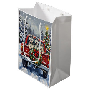 Siberian Husky Christmas Red Truck Holiday Medium Gift Bag