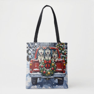 Siberian Husky Christmas Red Truck Holiday Tote Bag