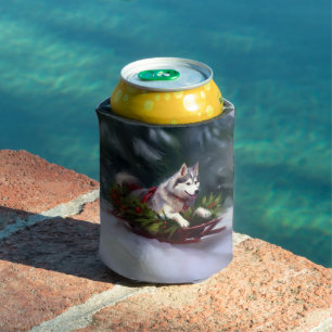 Siberian Husky Christmas snow winter Can Cooler