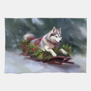 Siberian Husky Christmas snow winter Tea Towel