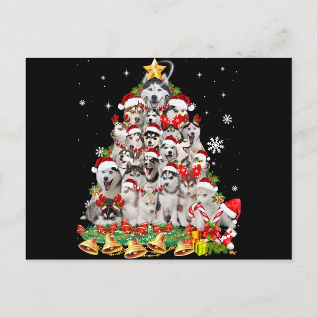 Siberian husky christmas tree lights | dog xmas holiday postcard (Front)
