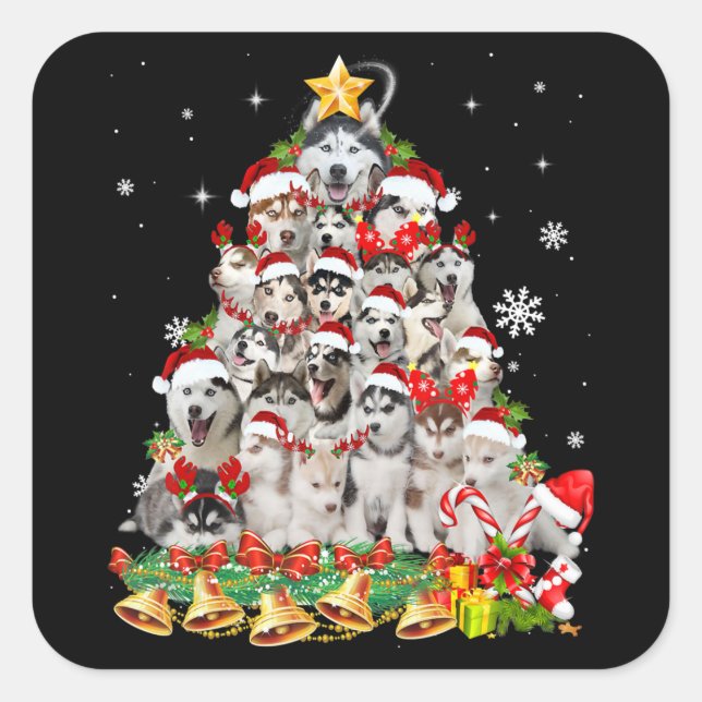 Siberian Husky Christmas Tree Lights Funny Dog Square Sticker (Front)