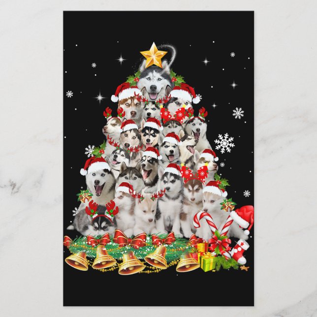Siberian Husky Christmas Tree Lights Funny Dog Stationery (Front)