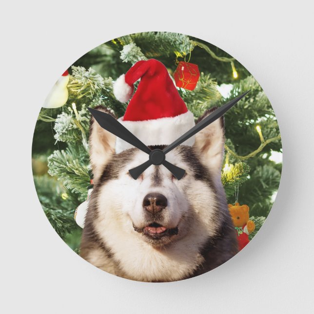 Siberian Husky Christmas Tree Ornaments Snowman Round Clock (Front)