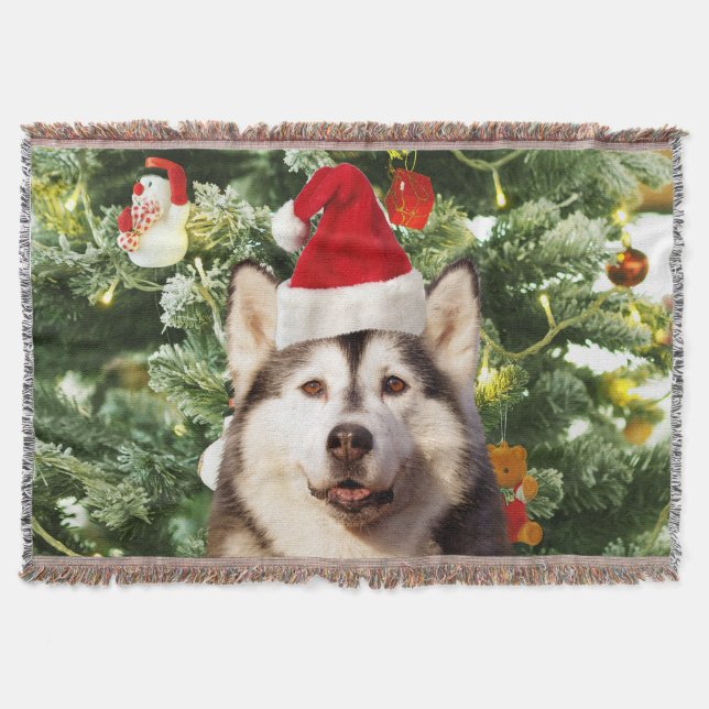 Siberian Husky Christmas Tree Ornaments Snowman Throw Blanket (Front)