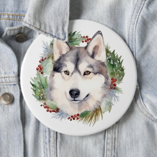 Siberian Husky Christmas Wreath Festive Pup  6 Cm Round Badge