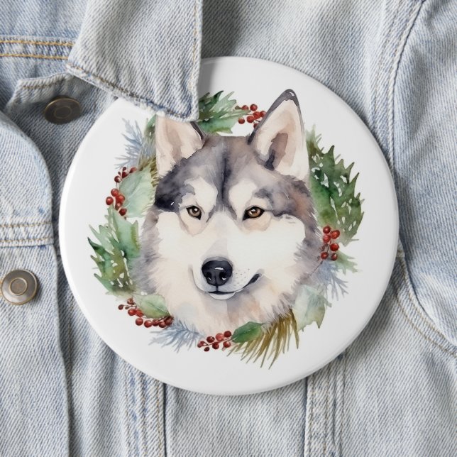 Siberian Husky Christmas Wreath Festive Pup  6 Cm Round Badge (In Situ)