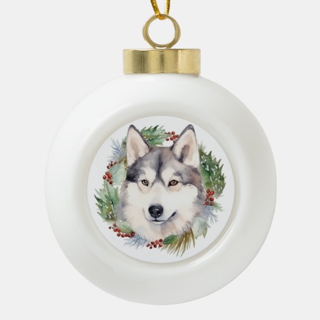 Siberian Husky Christmas Wreath Festive Pup  Ceramic Ball Christmas Ornament (Front)