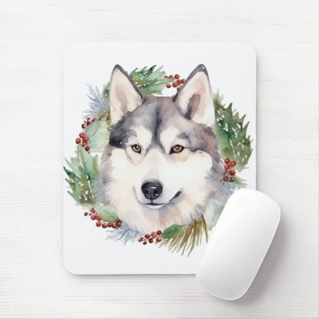 Siberian Husky Christmas Wreath Festive Pup  Mouse Pad (With Mouse)